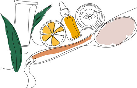 Skin care concept. Landing page template. Morning routine. Bath time. Organic products for scrubbing and body skin care with natural herbal skin care products, top view. Vector illustrationのイラスト素材