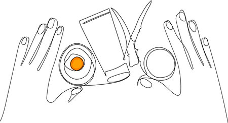 Skin care concept. Landing page template. Morning routine. Bath time. Organic products for scrubbing and body skin care with natural herbal skin care products, top view. Vector illustrationのイラスト素材