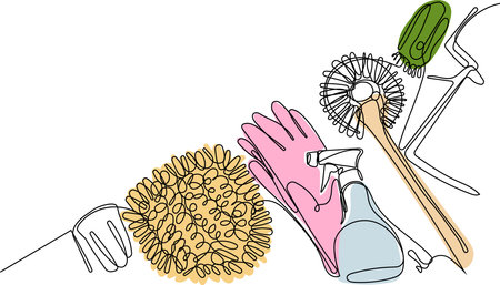 Continuous one line drawing of bottles for liquid laundry detergent, bleach, fabric softener, dishwashing liquid or another cleaning agent.のイラスト素材