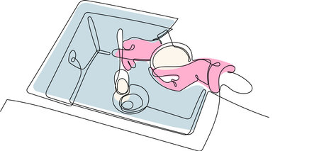 Continuous one line drawing of hand doing chores with disinfectant spray and microfiber cloth at home concept of disinfection.のイラスト素材