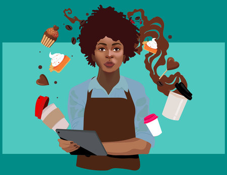 Coffee Business Concept - Male barista making coffee and serving a paper cup of hot coffee in cafe. Hand drawn in thin line style, vector illustrations. Vector illustrationのイラスト素材