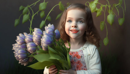 Beautiful young girl with a bunch of spring flowers, Womens day, Mothers day greeting card. High quality photoの写真素材