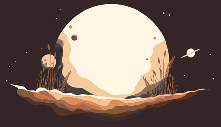 Astronaut explores space being desert planet. Astronaut space suit performing extra cosmic activity space against stars and planets background. Human space flight. Modern vector illustrationのイラスト素材