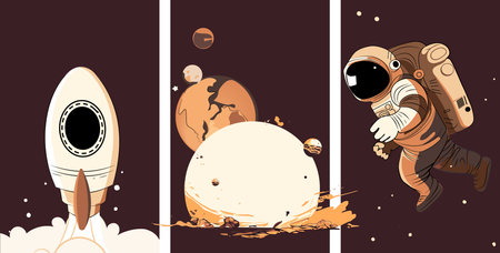 Astronaut explores space being desert planet. Astronaut space suit performing extra cosmic activity space against stars and planets background. Human space flight. Modern vector illustrationのイラスト素材