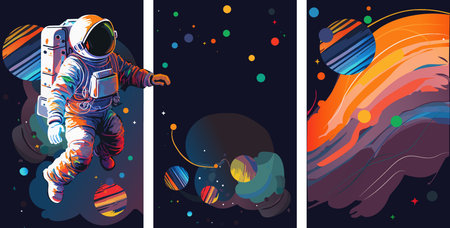 Astronaut explores space being desert planet. Astronaut space suit performing extra cosmic activity space against stars and planets background. Human space flight. Modern vector illustrationのイラスト素材