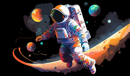 Astronaut explores space being desert planet. Astronaut space suit performing extra cosmic activity space against stars and planets background. Human space flight. Modern vector illustrationのイラスト素材