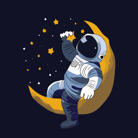 Astronaut explores space being desert planet. Astronaut space suit performing extra cosmic activity space against stars and planets background. Human space flight. Modern vector illustrationのイラスト素材