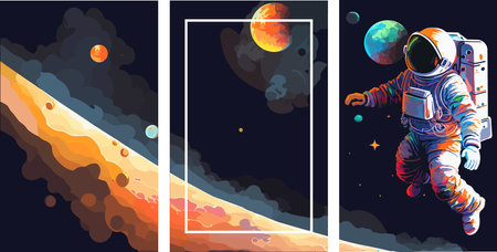 Astronaut explores space being desert planet. Astronaut space suit performing extra cosmic activity space against stars and planets background. Human space flight. Modern vector illustrationのイラスト素材
