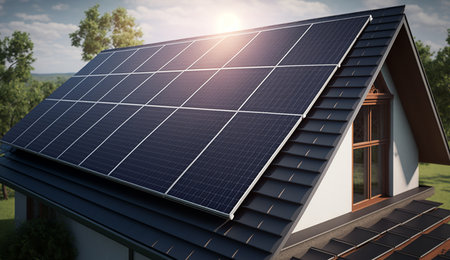 Historic farm house with modern solar panels on roof and wall Illustrationの写真素材