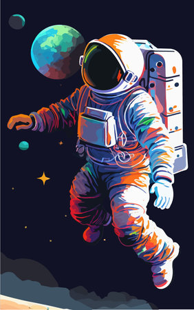Astronaut explores space being desert planet. Astronaut space suit performing extra cosmic activity space against stars and planets background. Human space flight. Modern vector illustrationのイラスト素材