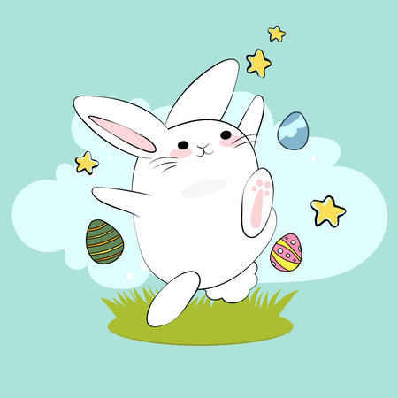 Happy Easter, decorated easter card, banner. Bunnies, Easter eggs, flowers and basket. Folk style patterned design. . Vector illustrationのイラスト素材