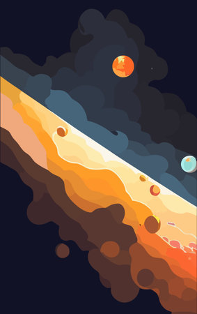 Astronaut explores space being desert planet. Astronaut space suit performing extra cosmic activity space against stars and planets background. Human space flight. Modern vector illustrationのイラスト素材