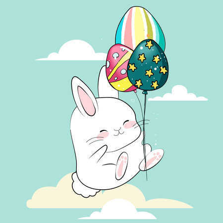 Happy Easter, decorated easter card, banner. Bunnies, Easter eggs, flowers and basket. Folk style patterned design. . Vector illustrationのイラスト素材