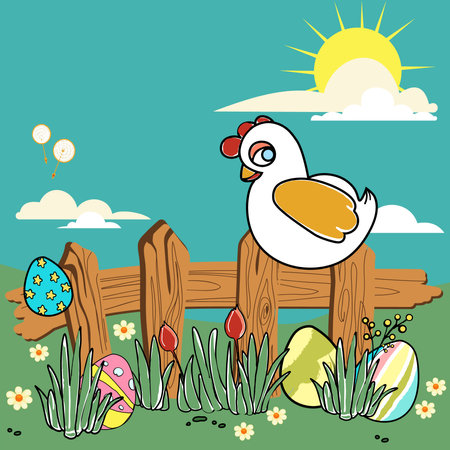 Happy Easter, decorated easter card, banner. Bunnies, Easter eggs, flowers and basket. Folk style patterned design. . Vector illustrationのイラスト素材