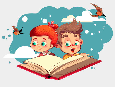 Happy kids and book. Children reading a book Back to School Concept . Vector illustrationのイラスト素材