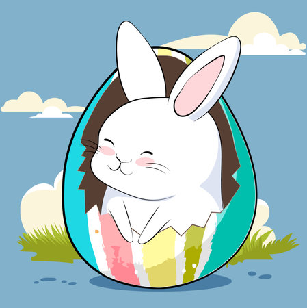 Happy Easter, decorated easter card, banner. Bunnies, Easter eggs, flowers and basket. Folk style patterned design. . Vector illustrationのイラスト素材