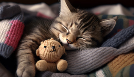 A kitten sleeping with a teddy bear. High quality photoの写真素材