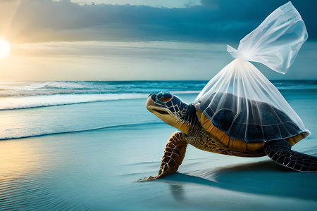 A turtle in a plastic bag. Lets save the ocean. Plastic pollution in ocean , plastic bags in the depths of the ocean . High quality photoの素材