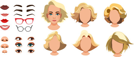 Woman face constructor, avatar of female character creation dark skin heads, hairstyle, nose, eyes with eyebrows and lips. Isolated facial elements for construction cartoon vector setのイラスト素材