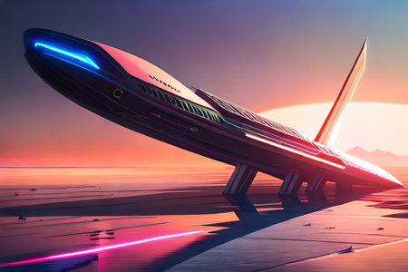 A futuristic scene with a spaceship in the distance and a planet in the background. flying passenger train. Future concept Generative AIの素材