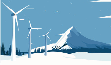 Snow covered landscape with wind turbines in the foreground and mountain in the background. Wind power plant and factory. Wind turbines Green energy industrial concept. Vector illustration. Flat styleのイラスト素材