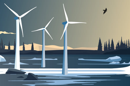 Snow covered landscape with wind turbines in the foreground and mountain in the background. Wind power plant and factory. Wind turbines Green energy industrial concept. Vector illustration. Flat styleのイラスト素材