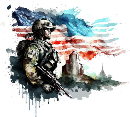 on a white background, a watercolor drawing of an American soldier, American figures who signed the declaration of independence and eagles on the background of flag. . Vector illustrationのイラスト素材