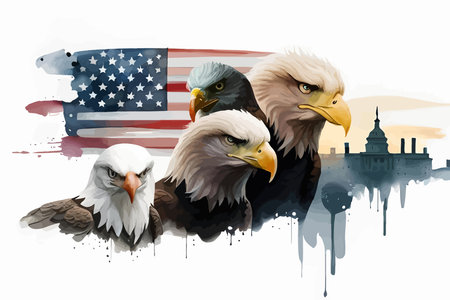 Happy 4th of July USA Independence Day greeting card with waving american national flag and hand lettering text design. Vector illustrationのイラスト素材