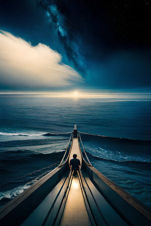 Moonlight in ocean landscape. The ocean stretches out as far as the eye can see, its surface a canvas of deep, midnight blue. AI generated imageの素材