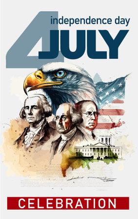 Happy 4th of July USA Independence Day greeting card with waving american national flag and hand lettering text design. Vector illustrationのイラスト素材