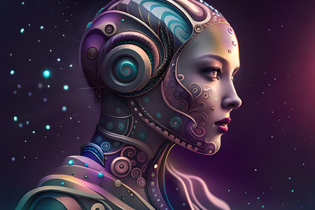A woman with a robot face and a face painted in silver. Science Fiction Beautiful Humanoid Cyborg Woman . Female Bionic RobotbSci-Fi Video Game Character Digital Artworkの素材