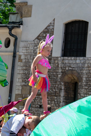 Cracow, Malopolska, Poland - 04.06.2023: The animated dragon marching during the Dragons Parade, the annual event in the center of Old Town. High quality photoのeditorial素材