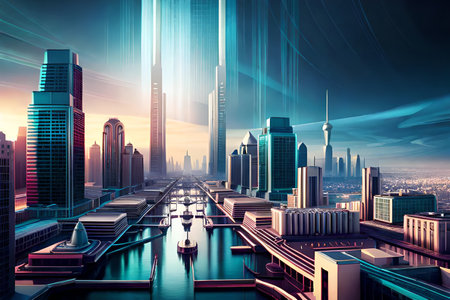 futuristic rendering city megacity cyberpunk scifi 3D illustration. High quality photoの素材