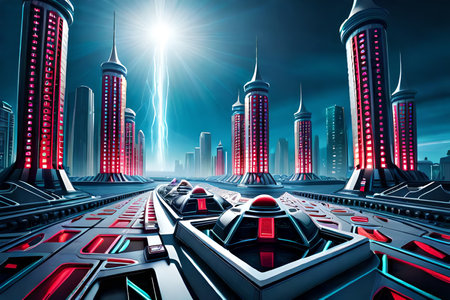 futuristic rendering city megacity cyberpunk scifi 3D illustration. High quality photoの素材