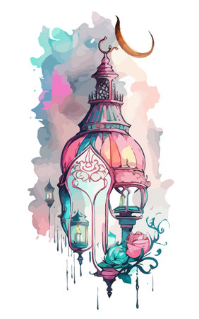 Ornamental Arabic lantern with burning candle glowing . Festive greeting card, invitation for Muslim holy month Ramadan Kareem. Ramadan Kareem greeting photo with serene mosque background.のイラスト素材