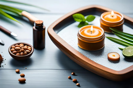 Skin care concept. Landing page template. Morning routine. Bath time. Organic products for scrubbing and body skin care with natural herbal skin care products, top viewの素材