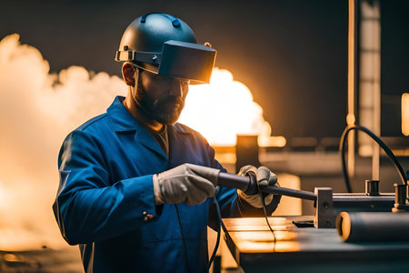 Male in face mask welds with argon arc welding. Welder mounts in the trunk pipeline electrochemical protection. illustration created by Generative AIの素材
