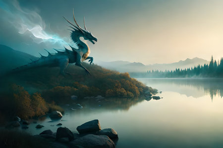 A painting of a friendly dinosaur with a mountain in the background. Fantasy friendly dragon portrait. Surreal artwork of dragon from medieval mythology.の素材