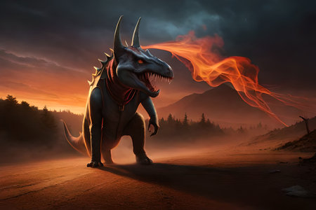A painting of a dinosaur with a mountain in the background. Fantasy evil dragon portrait. Surreal artwork of danger dragon from medieval mythology. oil painting art. high quality photoの素材