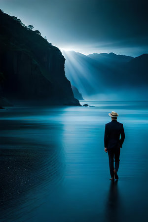 Moonlight in ocean landscape. The ocean stretches out as far as the eye can see, its surface a canvas of deep, midnight blue. AI generated imageの素材