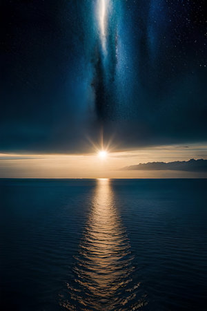 Moonlight in ocean landscape. The ocean stretches out as far as the eye can see, its surface a canvas of deep, midnight blue. AI generated imageの素材