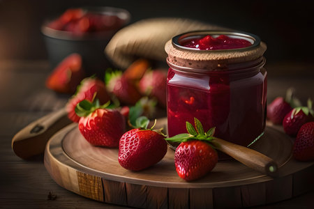 Strawberry jam in the glass jar with berries Generative Ai.の素材