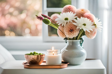 Bouquet of white flowers in a vase, candles on vintage copper tray, wedding home decor on a tableの素材