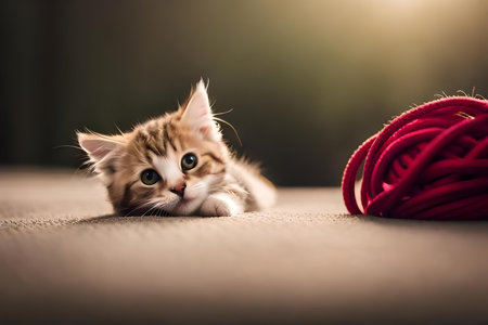Cute little red kitten sleeps on fur white blanket. kitten sleeping on gray plaid wool blanket with tassels, embracing soft beige knitted toy Generative AIの素材