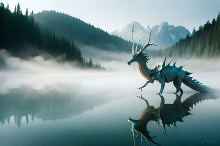 A painting of a friendly dinosaur with a mountain in the background. Fantasy friendly dragon portrait. Surreal artwork of dragon from medieval mythology.の素材