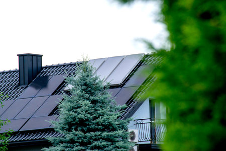 Historic farm house with modern solar panels on roof and wall Illustration