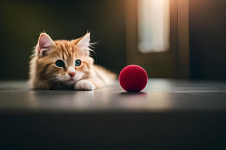 Cute little red kitten sleeps on fur white blanket. kitten sleeping on gray plaid wool blanket with tassels, embracing soft beige knitted toy Generative AIの素材