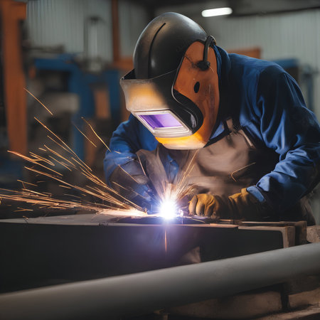 Male in face mask welds with argon arc welding. Welder mounts in the trunk pipeline electrochemical protection. illustration created by Generative AI. High quality photoの素材