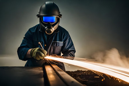 Male in face mask welds with argon arc welding. Welder mounts in the trunk pipeline electrochemical protection. illustration created by Generative AI. High quality photoの素材