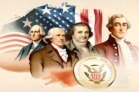 4th july independence day. Watercolor drawing on a white background of American figures who signed the declaration of independence of the United States against. AI-generated Digital Artの素材